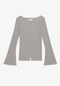 Gray ribbed top with long, flared sleeves, deep V-neckline, and a front split. Made from a soft, stretchy material.