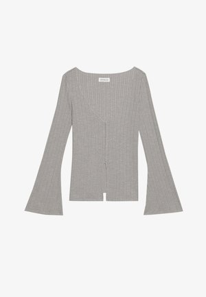 Gray ribbed top with long, flared sleeves, deep V-neckline, and a front split. Made from a soft, stretchy material.