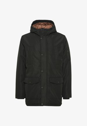 Black parka jacket with a hood, featuring a brown quilted lining, snap buttons, side pockets, and vertical seam accents on the front.