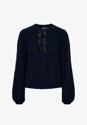Marinblå tröja i mjukt, strukturerat tyg med tre svarta rosettband som detaljer och rund halsringning med långa ärmar.