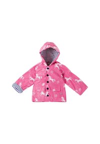 Roze waterdichte jas met een eenhoornpatroon, gestreepte capuchonvoering, knoopsluiting aan de voorkant en twee voorzakken met gestreepte manchetten.