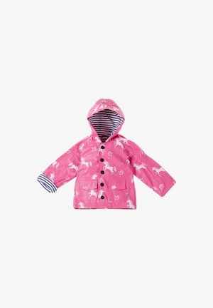Rosa wasserdichte Jacke mit einem Einhorn-Muster, gestreifter Kapuzenfutter, Knopfleiste und zwei Vorderaschen mit gestreiften Bündchen.