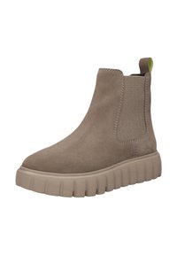 Beige Wildleder ankle boots mit elastischen Seitenteilen und einer grünen Zuglasche. Verfügt über eine dicke, strukturierte Sohle für zusätzlichen Komfort und Unterstützung.
