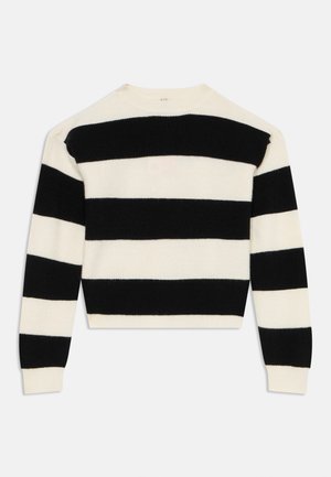 Svart og kremfarget stripet strikkegenser med rund hals, med horisontale striper, ribbestruktur og tettsittende lange ermer.