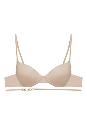 Beige push-up bra featuring smooth cups, adjustable thin straps, and a wide, seamless band with a gold-tone clasp detail.