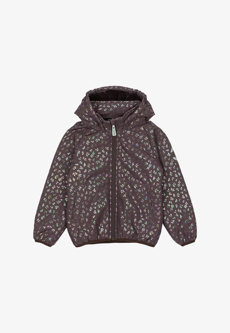 Purple, lightweight jacket with a zip front. Features a hood, elastic cuffs, and a floral pattern in pastel colors. Two side pockets.
