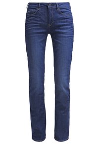 Tmavě modré džínové džíny s úzkým střihem, s pětiprvkovým designem kapes, poutky na pásek a jemným vyblednutím podél stehen.