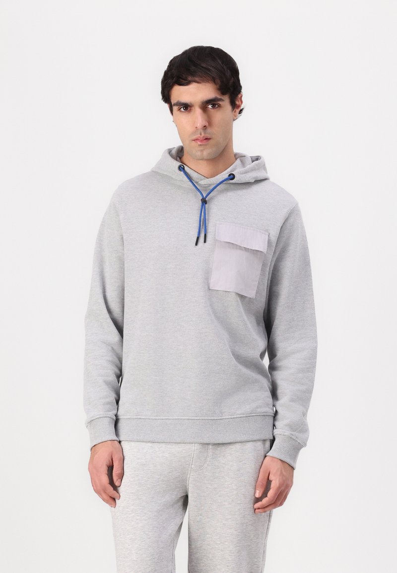 Light gray sweatshirt with a hood, featuring a blue drawstring, a front pocket in a darker gray, and ribbed cuffs and hem.