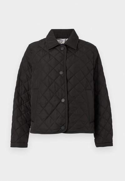 Μαύρο καπιτονέ μπουφάν με γιακά, με ύφασμα με κουμπιά μπροστά, πλαϊνές τσέπες και υφή με μοτίβο διαμαντιού. Λείο φινίρισμα υφάσματος.