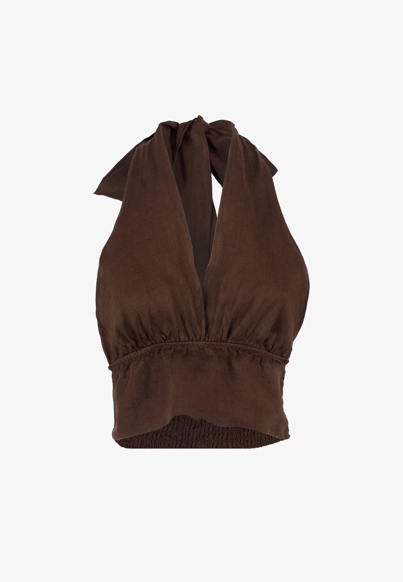 Brązowy top na szyję wykonany z lekkiego materiału. Posiada głęboki dekolt w kształcie litery V, zawiązywane wykończenie i marszczony elastyczny dół, co zapewnia dopasowany wygląd.
