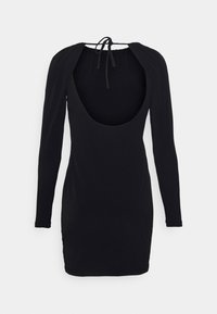 Vestido preto de manga longa com um decote profundo em forma de U e fecho de laço nas costas. Feito de um tecido liso e elástico. Design ajustado ao corpo.
