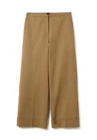 Pantalons marron à jambe large avec une texture lisse, dotés de poches avant et d'un ourlet replié. Conçus pour un ajustement décontracté.