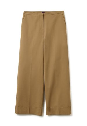Pantaloni ampi marroni con una texture liscia, dotati di tasche frontali e orlo piegato. Progettati per un fit rilassato.