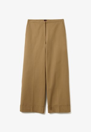 Brown wide-leg trousers with a smooth texture, featuring front pockets and a folded hem. Designed for a relaxed fit.