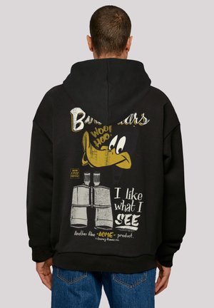 Black hoodie featuring a large graphic print of a cartoon character with a yellow beak, text, and bottles, with a loose, relaxed fit.