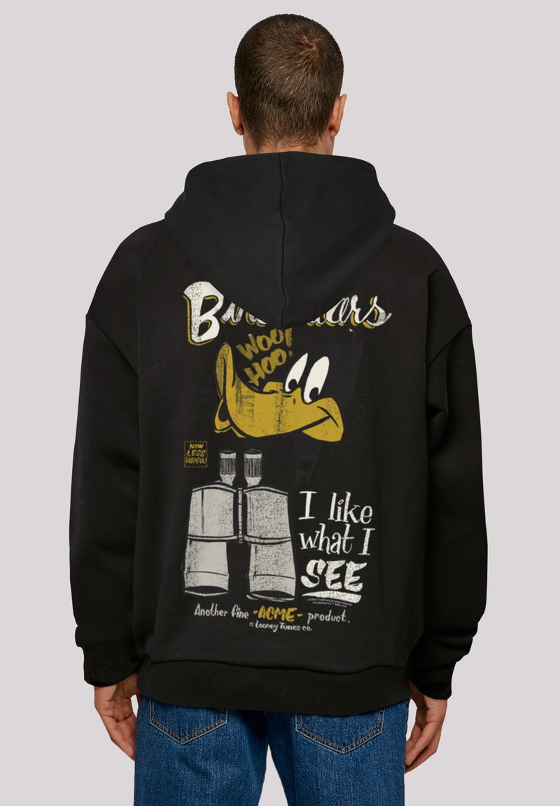 Felpa nera con cappuccio caratterizzata da una grande stampa grafica di un personaggio dei cartoni animati con un becco giallo, testo e bottiglie, con una vestibilità ampia e rilassata.