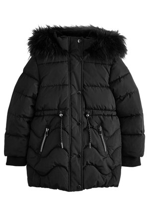 Manteau d'hiver matelassé noir avec capuche en fausse fourrure, boutons-pression à l'avant, cordons de taille réglables, poches zippées et poignets côtelés.