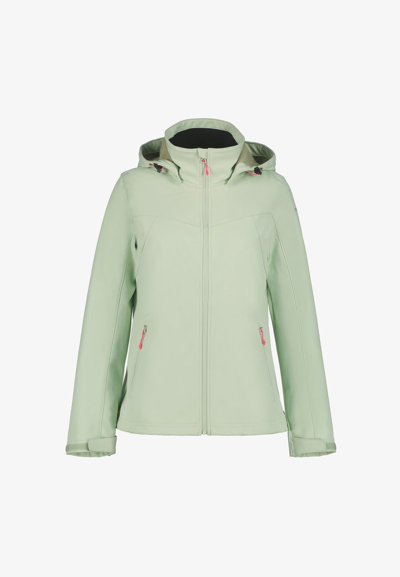 Lichtgroene softshell jas met capuchon, twee met rits afgesloten zakken en roze ritsaccenten. Vloeiende textuur met een getailleerd ontwerp.