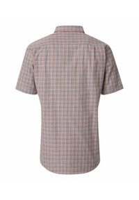 Kurzarm-Hemd aus Karostoff mit einem Muster in Blau, Orange und Grün, klassischem Kragen und geradem Saum.