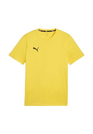 T-shirt gialla a maniche corte Puma con logo Puma nero sul petto sinistro e scollo tondo.