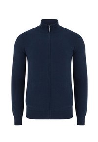 Granatowy kardigan na zamek wykonany z dzianiny, z wysokim kołnierzem, długimi rękawami oraz ściągaczami na mankietach i na dole, z centralnym zamkiem błyskawicznym z przodu.