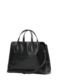 Borsa a tracolla in pelle nera con doppi manici, una tracolla rimovibile e una texture liscia con dettagli di cuciture minimi. Forma strutturata senza motivi.