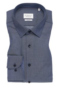 Slim fit blauwe overhemden met een gestructureerde weving, een button-down kraag en contrast patroonstof aan de binnenkant van de kraag en manchetten.