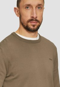 Bruine gebreide trui met een ronde halslijn en een subtiele logo geborduurd op de borst. Soepele textuur, geribbelde manchetten en zoom.