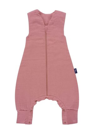 Ärmelloser Babystrampler in staubigem Rosa mit Frontreißverschluss und Druckknöpfen an den Beinöffnungen, aus weichem strukturiertem Stoff gefertigt.