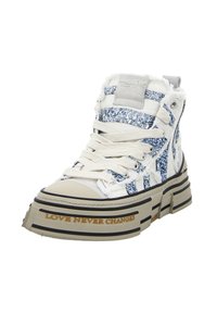 High-top sneaker in white canvas with blue glitter stripes, featuring a chunky platform sole. Accented with "LOVE NEVER CHANGES" in gold.