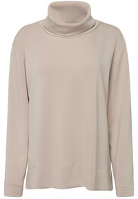 Camiseta de manga larga color topo con cuello alto, hecha de material suave, que presenta un cuello drapeado y aberturas laterales en el dobladillo para mayor comodidad.