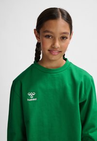 Felpa verde in cotone, presenta un collo rotondo, maniche lunghe e un logo ricamato bianco sul lato sinistro del petto.