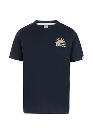 Marineblauw katoenen T-shirt met een crèmekleurig logo van een zon en golven op de borst. Klassieke ronde hals en korte mouwen.