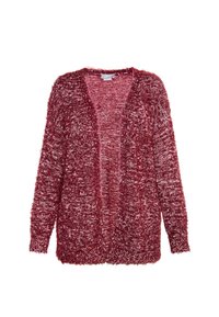 Cardigan burgund de blană, cu croială lejeră, deschis în față și mâneci lungi. Prezentând un model tricotat texturat și un material moale și pufoșel.