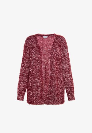 Burgunderfarbener, flauschiger Cardigan mit lockerer Passform, offenem Vorderteil und langen Ärmeln. Verfügt über ein strukturiertes Strickmuster und ein weiches, flauschiges Material.