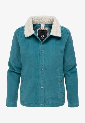 Tannengrüner Cordjacke mit einem weißen Kunstfellkragen, Druckknöpfen und Seitentaschen, mit vertikal gerippter Textur durchgängig.