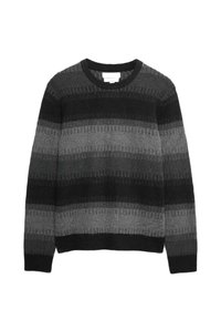 Gestrickter Pullover in Grautönen, mit horizontalen Streifen. Runder Halsausschnitt, gerippte Ärmelbündchen und Saum mit einem strukturierten Muster.
