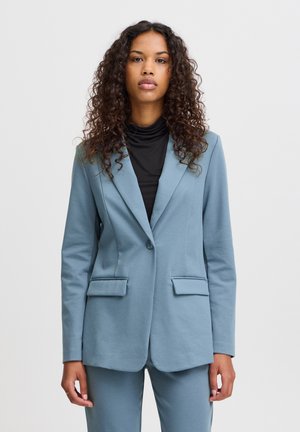 Light blue, tailored blazer with notch lapels, two front pockets, and a single button closure. Smooth, structured fabric.
