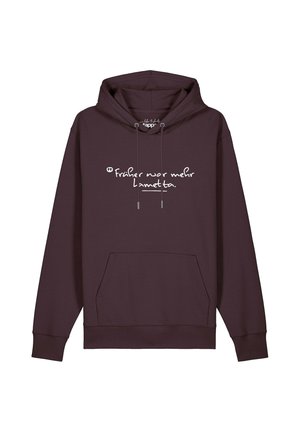 Dunkelbrauner Hoodie mit Fronttasche und Kordeln, mit weißem handgeschriebenem Text auf Deutsch über der Brust.
