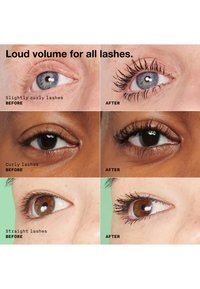 Cuatro imágenes en primer plano de ojos que muestran las pestañas antes y después de la aplicación. Las pestañas son negras, con diferentes grados de rizo y volumen, en diversos tonos de piel.