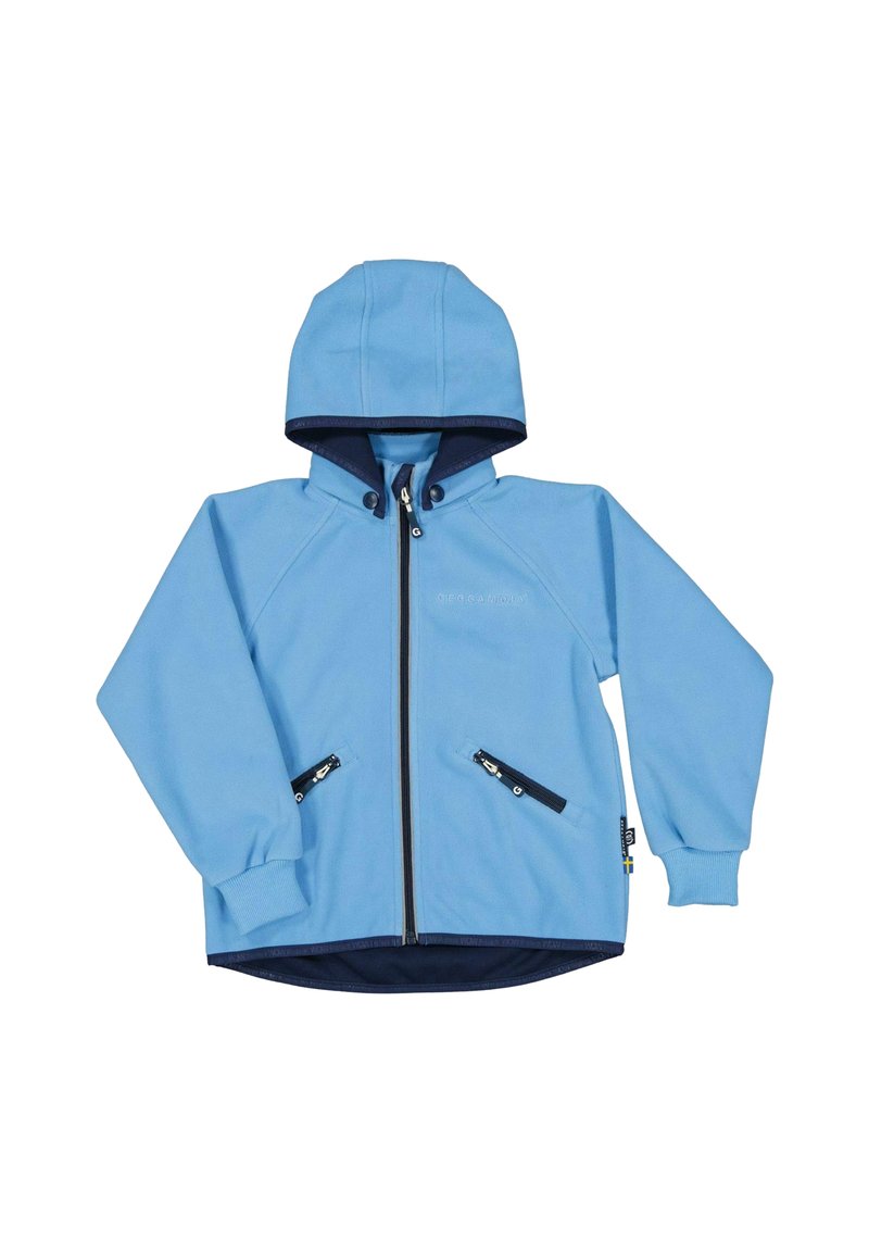 Ljusblå zip-jacka med huva. Utrustad med marinblå accenter, dragkedjefickor och en mjuk textur. Hållbar design som är lämplig för utomhusbruk.