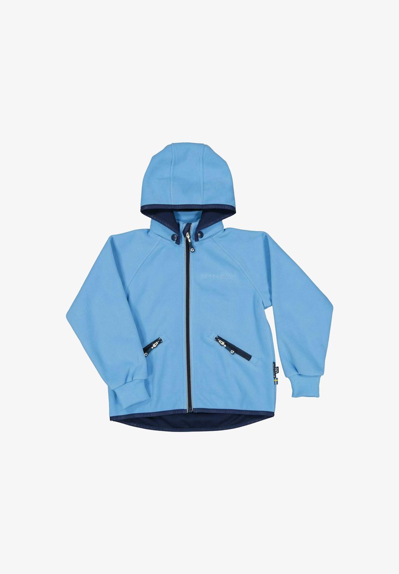 Helles blaues ZIP-Jacke mit Kapuze. Mit navyfarbenen Akzenten, Reißverschlusstaschen und einer weichen Textur. Robustes Design, geeignet für den Außenbereich.