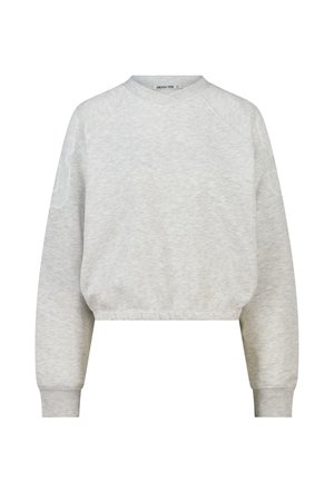 Light gray, long-sleeve crewneck sweatshirt with elasticized hem and cuffs, made from soft, textured fabric.