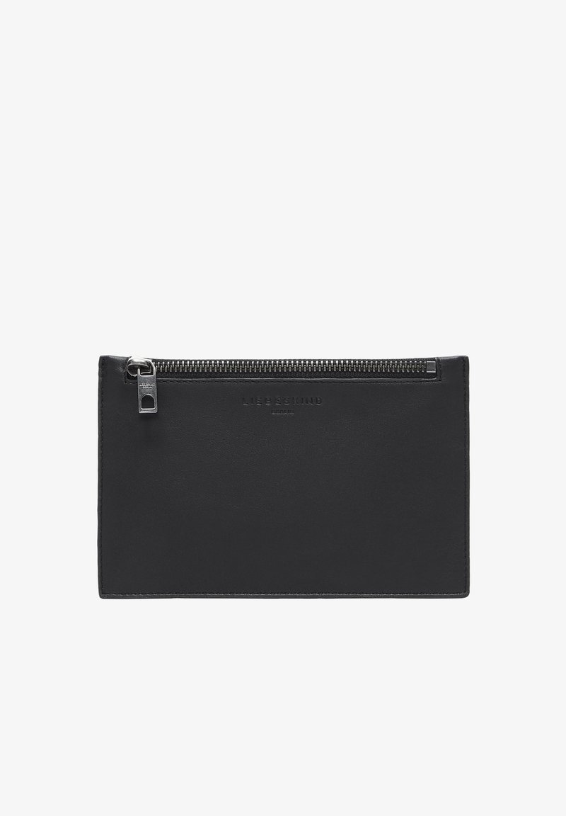 Schwarzes Lederportemonnaie mit glatter Oberfläche, ausgestattet mit einem oberen Reißverschluss und subtil geprägtem Branding auf der Vorderseite.