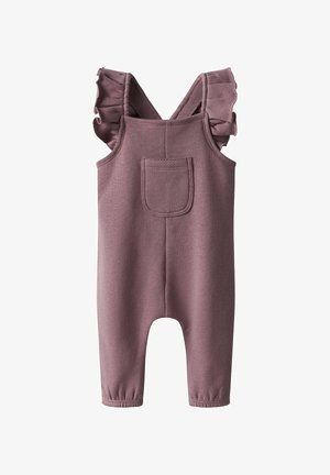 Violeta kokvilnas kombinezoni ar viļņošiem plecu siksnām, priekšējo kabatu un elastīgām potīšu daļām. Mīksta tekstūra visā virsmā.