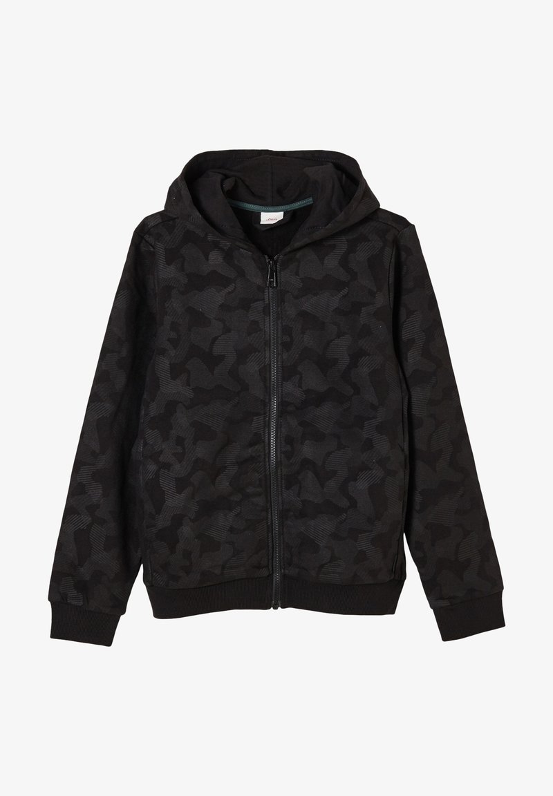 Sweat à capuche noir zippé avec un motif camouflage sombre subtil, poignets et ourlet côtelés, et capuche attachée.