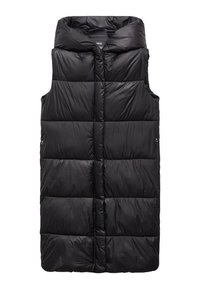 Doudoune sans manches noire avec col haut, design sans manches et texture matelassée. Comprend une fermeture éclair frontale et des accents minimalistes.