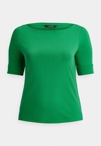 Πράσινο κοντομάνικο τοπ από λείο ύφασμα. Διαθέτει φαρδύ ντεκολτέ και γυριστά μαν�ίκια. Απλό σχέδιο χωρίς ορατά μοτίβα ή διακοσμητικά στοιχεία.