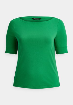 Žalias trumpomis rankovėmis viršus iš lygaus audinio. Turi plačią iškirptę ir suvyniotus rankogalus. Paprastas dizainas be matomų raštų ar akcentų.