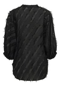 Blusa nera in tessuto trasparente con motivi a righe diagonali. Texture con dettagli sfrangiati e maniche leggermente a sbuffo.